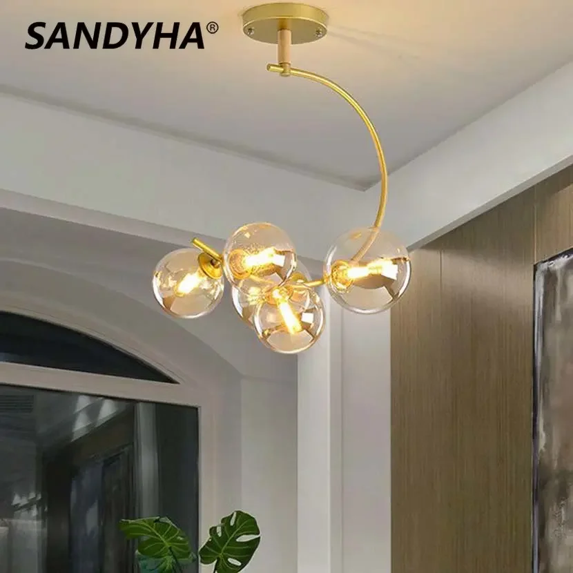 

SANDYHA Modern Glass Ball Led Chandelier Lustre Salon Ring Design Home Decor Pendant Lights for Living Dining Room Bedroom Lamp