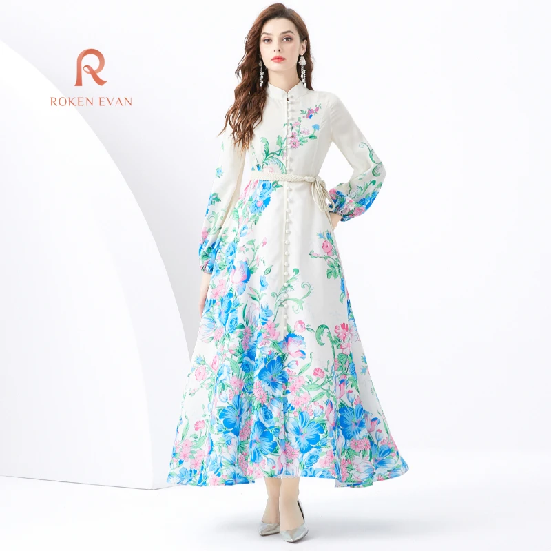 

ROKEN EVAN 2024 Vacation - Pastoral style vintage stand collar single breasted print wide swing long dress