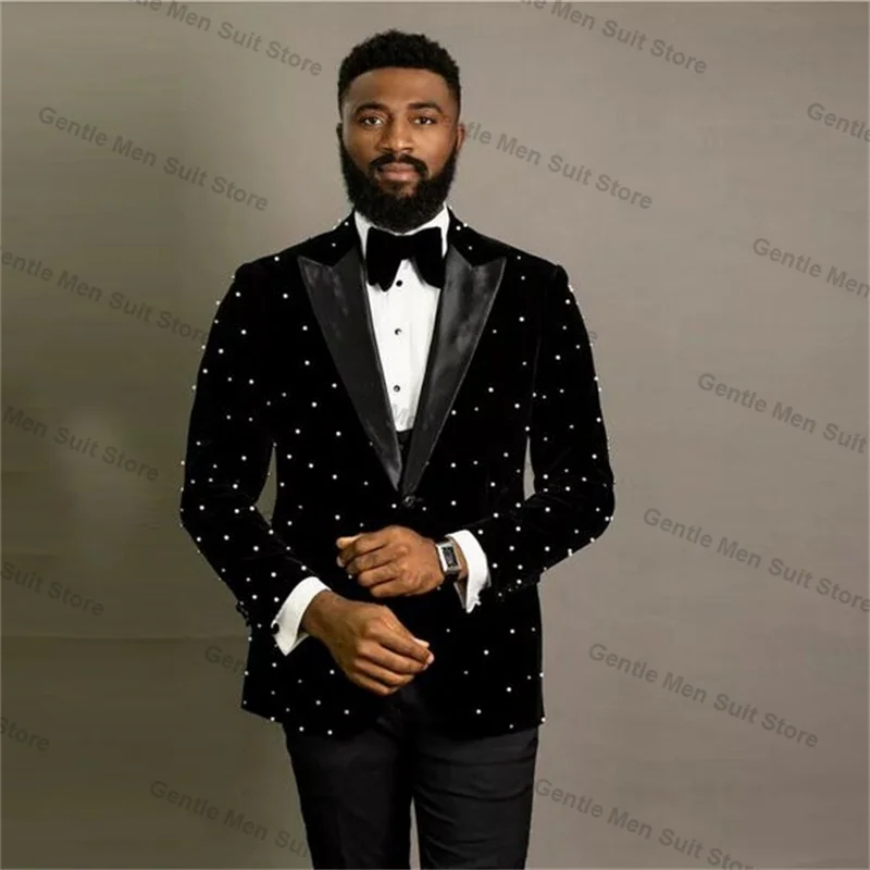 Set di abiti da uomo con perle nere Blazer in velluto da 2 pezzi + pantaloni in cotone smoking da sposa da sposo cappotto monopetto giacca su misura