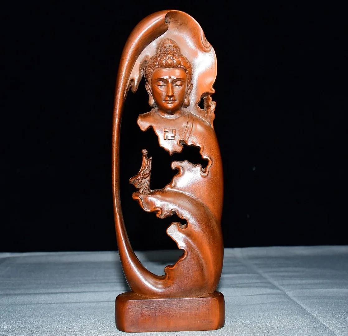 Folk Collection Old Boxwood Shakyamuni Half body Buddha statue Fodu has a destined person Shakyamuni Buddha card Worship Hall