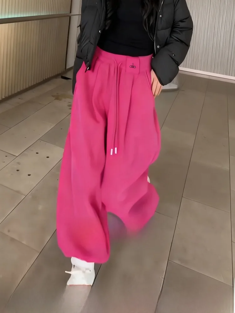 

Повседневные прямые спортивные брюки с высокой талией и эластичным поясом, модные, однотонные, в корейском стиле, для офиса