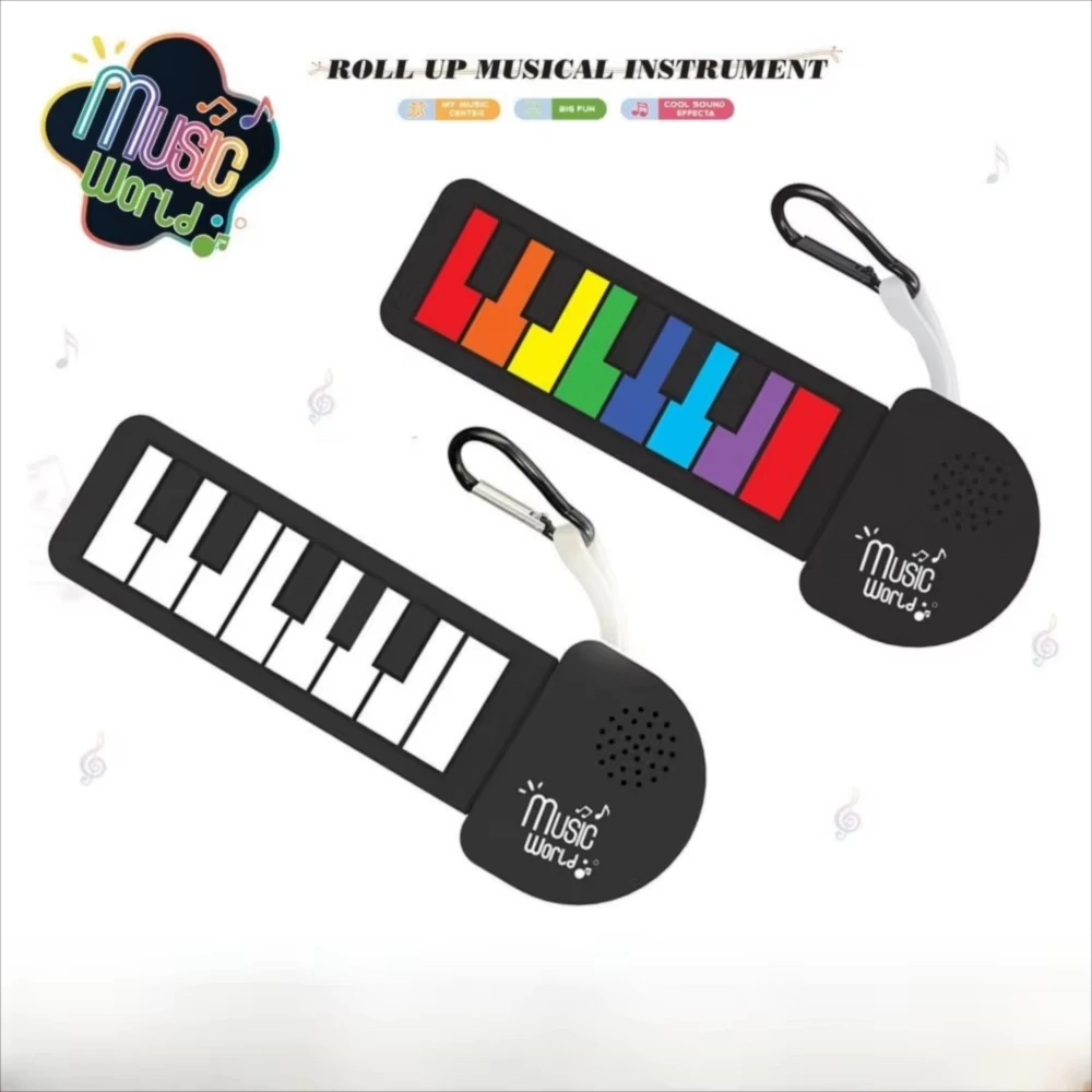 Foldable Electronic Keyboard Keychain Rainbow Color Portable Silicone Piano Keyboard with Buckle Hanging Hand-Roll Instrument