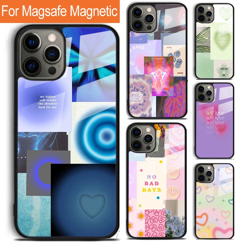Funda para Teléfono con Iconos de Arte Pastel y Palabras Positivas para iPhone 17 Air 16 15 14 12 Pro Max Plus, Carga Inalámbrica Magnética Magsafe