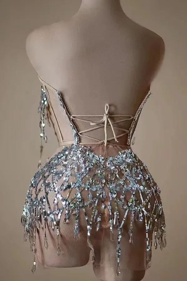 Vestido Sexy transparente para mujer, vestido de fiesta de cumpleaños y noche, ropa de espectáculo de cantante, vestido corto de verano con lentejuelas plateadas brillantes y cristales