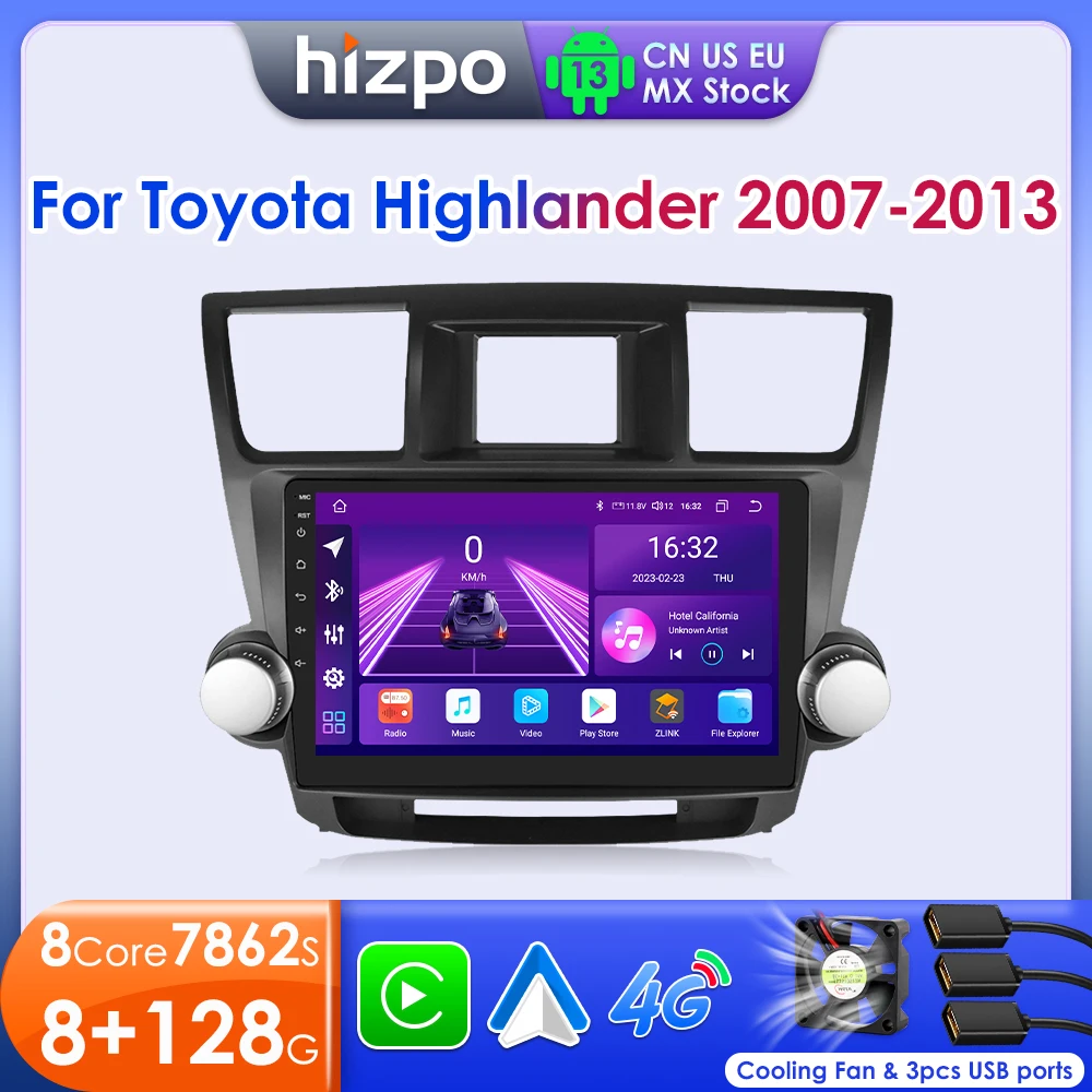 Hizpo Android 13 For Toyota Highlander 2 XU40 2007 2008 2009 2010 2011 2012 2013 Multimedia Stereo Car Player Navigation GPS RDS