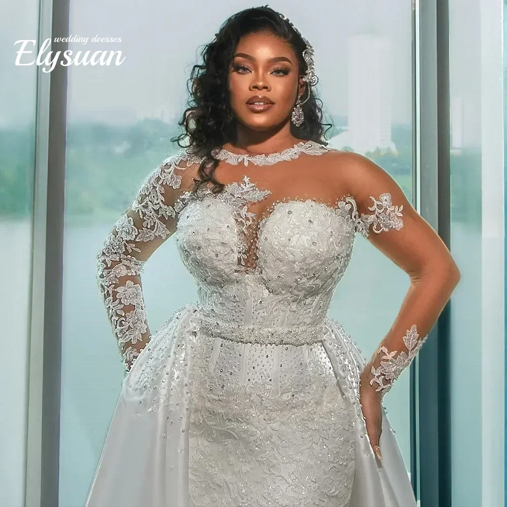 فساتين زفاف حورية البحر العربية المخصصة رقبة شفافة مزينة بالدانتيل وأكمام طويلة وذيل قابل للإزالة فستان زفاف رسمي