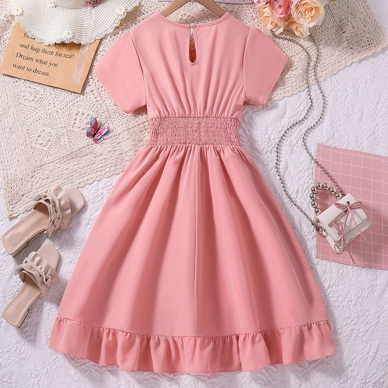 8-12Ys Pink Short-Sleeved Dress Kids Girls Round Neck Fashion Grace Cute Sweet Vacation Party Daily Casual Princess Dress