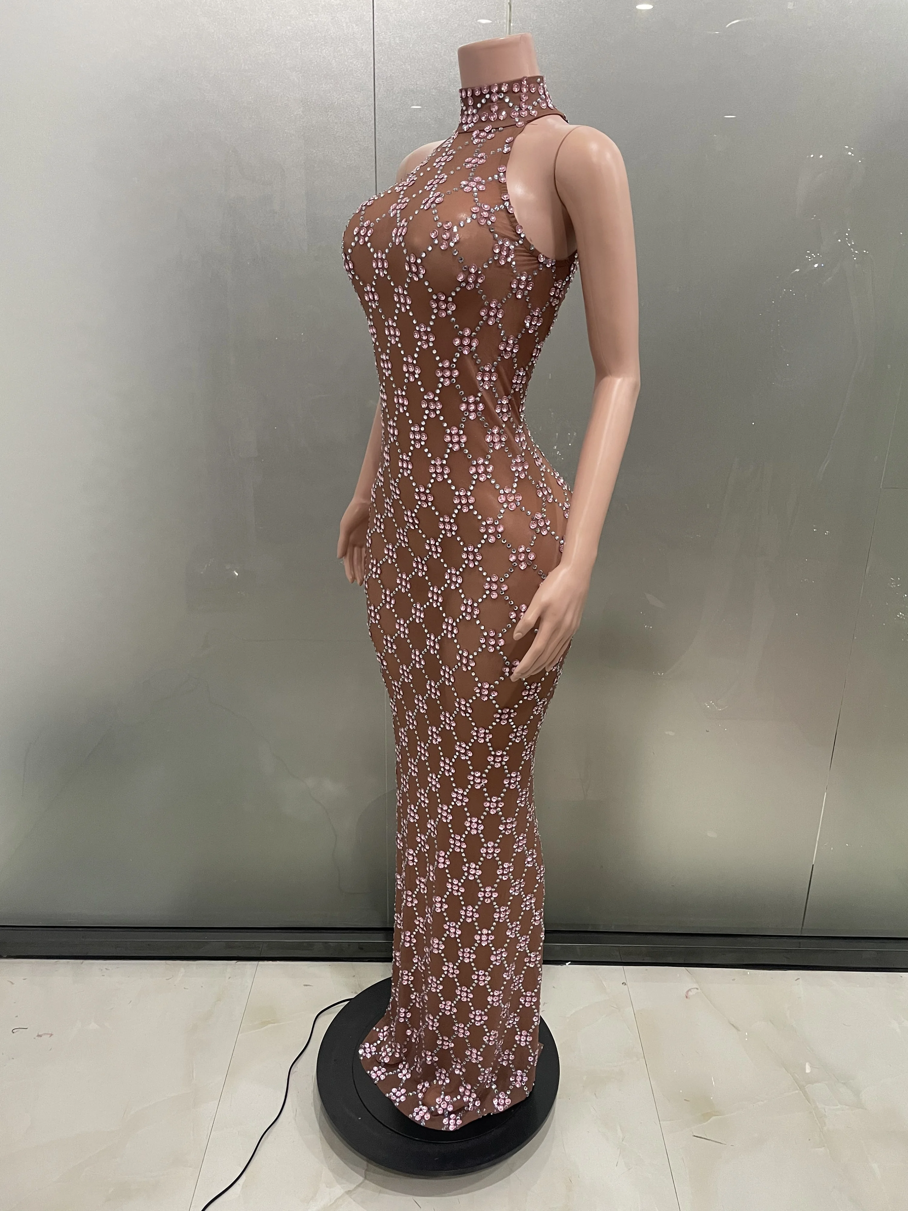 Flashing Rhinestones Mesh See Through Bodycon Long Dress Celebrate Birthday Party Photo Shoot Performance Costume Stage Wear