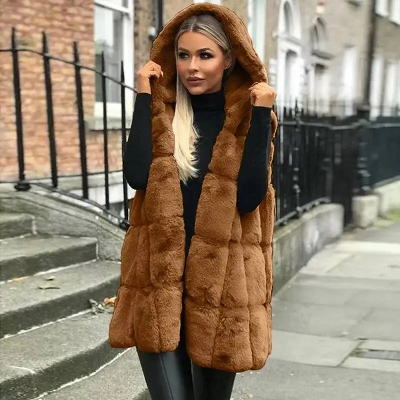 

Autumn And Winter Women Hooded Soild Faux Thick Warm New Sleeveless Ladies Long Vest Fur Jacket Solid Color