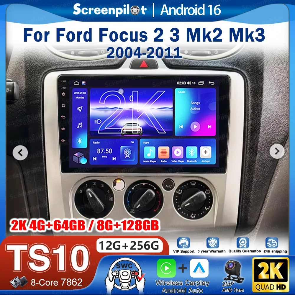 Rádio Automotivo Android 16 CarPlay para Ford Focus 2 3 Mk2 Mk3 2004-2011 com Controles de Ar Condicionado, Reprodutor de Rádio Automotivo com Tela Sensível ao Toque