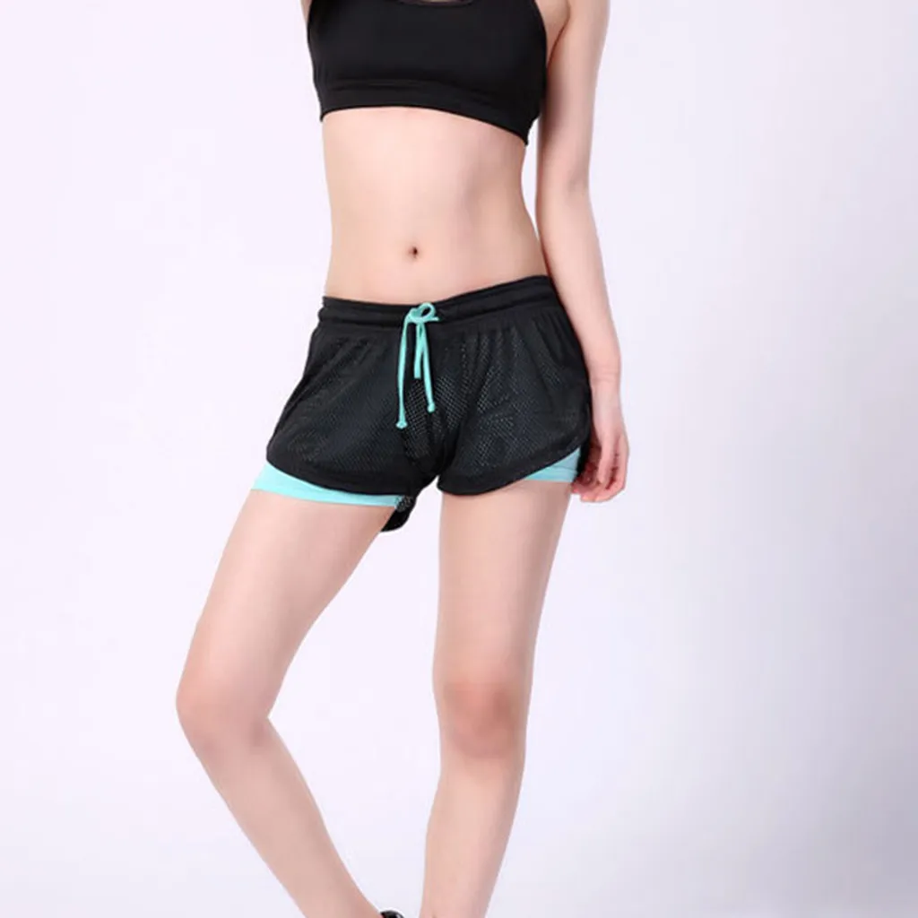 

2024 Women Summer Double Layer Running Shorts Fake Two Piece Ladies Mesh Drawstring Women High Waist Shorts Outwear