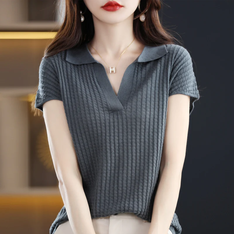 2022 Spring and Summer New Cashmere Sweater Polo collar Women\'s Short sleev Knitted Sweater Loose Thin Pullover Short-Sleeved