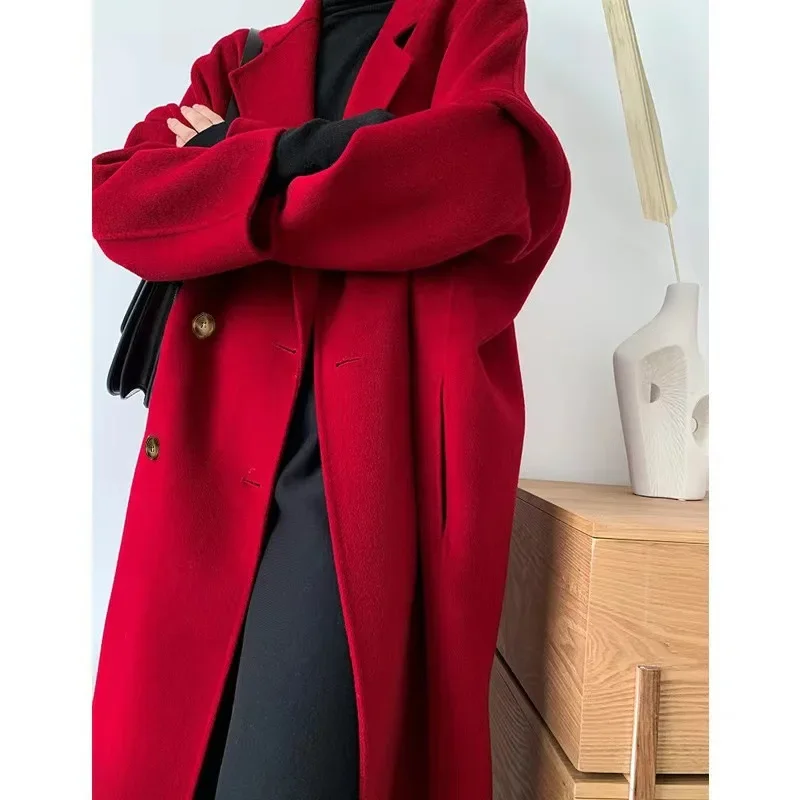 

2023 double-sided wool coat women's medium and long pure hand-sewn coat Korean version of Hepburn style fashion cocoon