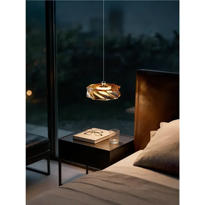 Italian Minimalist Amber Glass Chandelier for Bedroom Bedside Luxury Pendant Light Modern Decorative Hanging Lamp for Master
