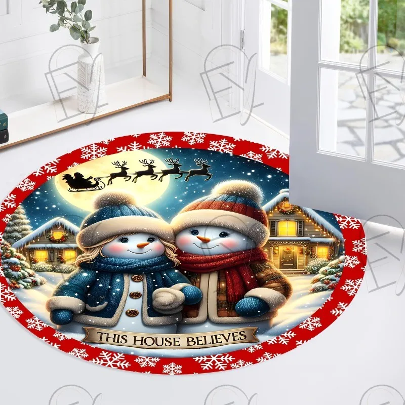 Cute Snowman Couple Round Rug Flying Reindeer Silhouette Circular Carpet Living Room Christmas Night Cabin Bedroom
