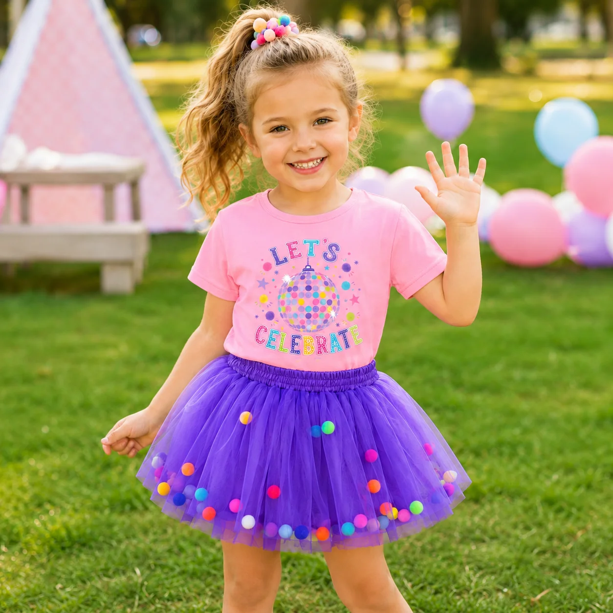 Tenue d'anniversaire disco pour enfants, 2 pièces, t-shirt rose à motifs pour filles, jupe tutu violette à pompons, costume de fête d'été