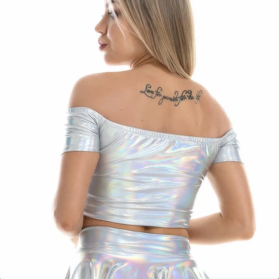 Femme Wetlook сексуальные блестящие голографические топы из спандекса металлик уличная одежда жилет укороченный топ без рукавов Rave Club мода для танцев на пилоне