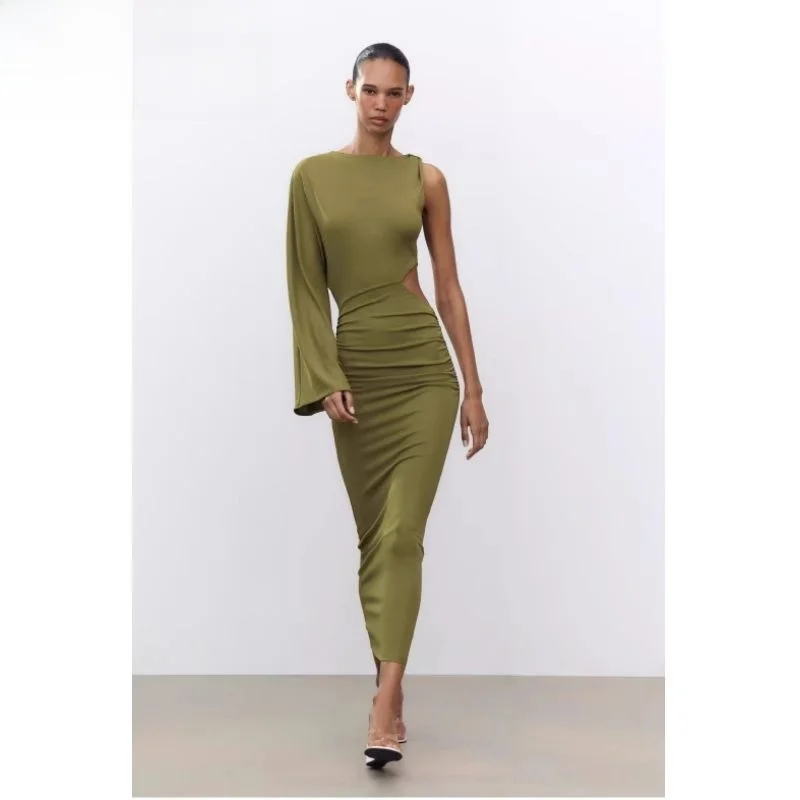 فستان نسائي أنيق برقبة مستديرة وتصميم مفرغ، موضة جديدة لصيف 2025، فستان طويل الأكمام وخصر مرتفع.