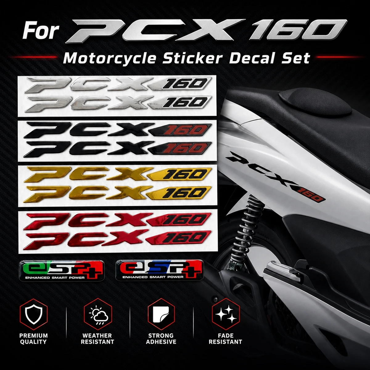 For PCX160 PCX 160 Emblem Badge 3D Raised Epoxy Resin Decals Moto Scooter Side Body ESP+ Logo Motorcycle Stickers Accessories