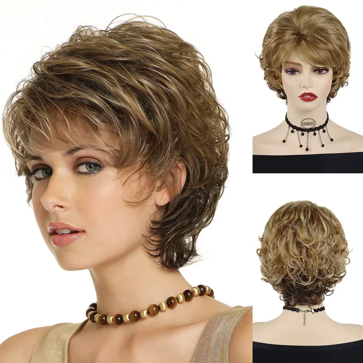 Synthetic Short Wigs for White Women Sandy Blonde Wig with Bangs Mix Brown Color Natural Curly Wig Hair Ombre Elderly Wigs Mommy