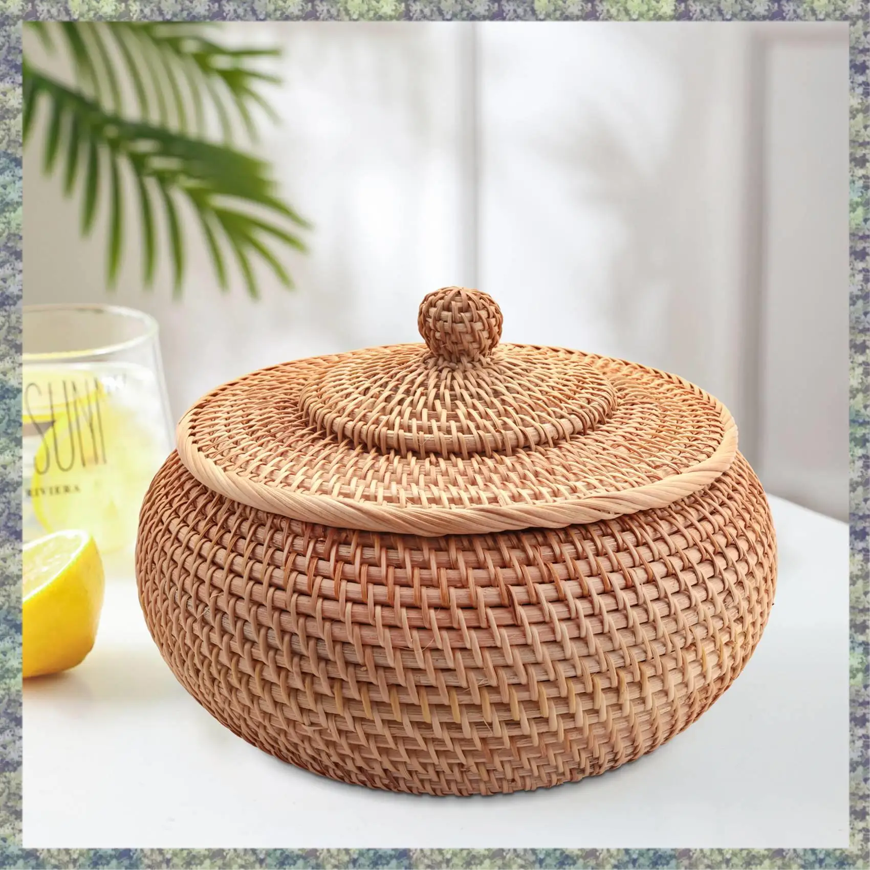 

WON Круглая коробка из ротанга, плетеная корзина с фруктами с крышкой, корзина для хлеба, лоток для хранения, плетеная корзина из ивы для хлеба, закусок