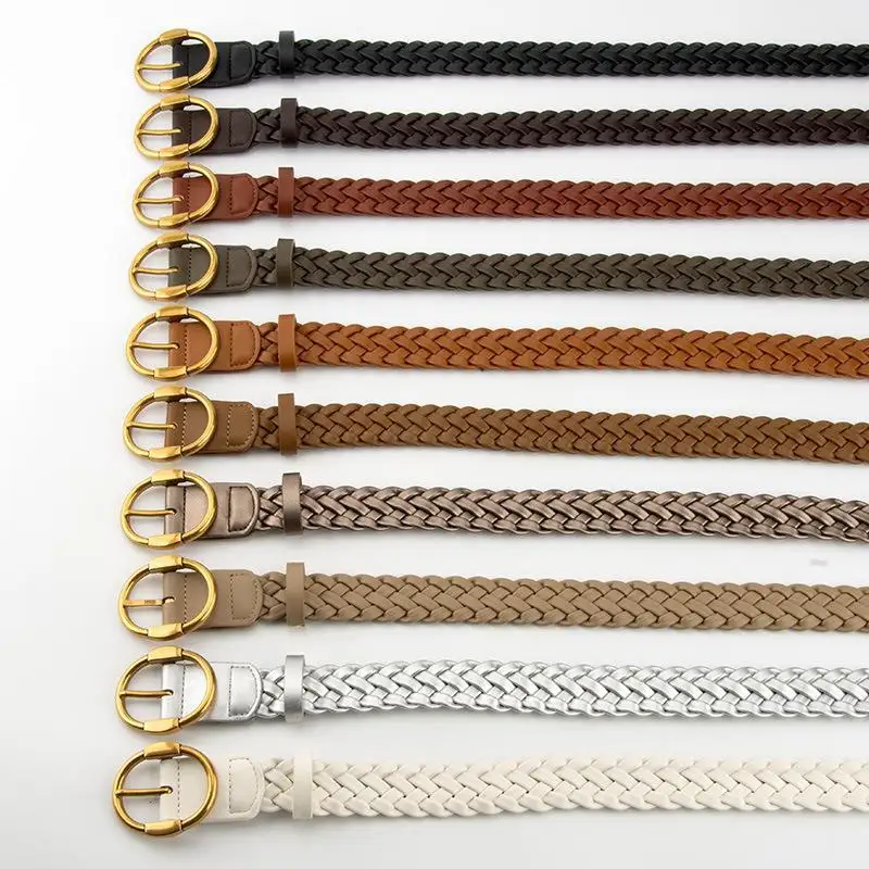 Soft PU Sheepskin Woven Waist Belts for Women Golden Metal Oval BRAID Waistbands Designer Belt Cinturon Mujer Jeans Strap