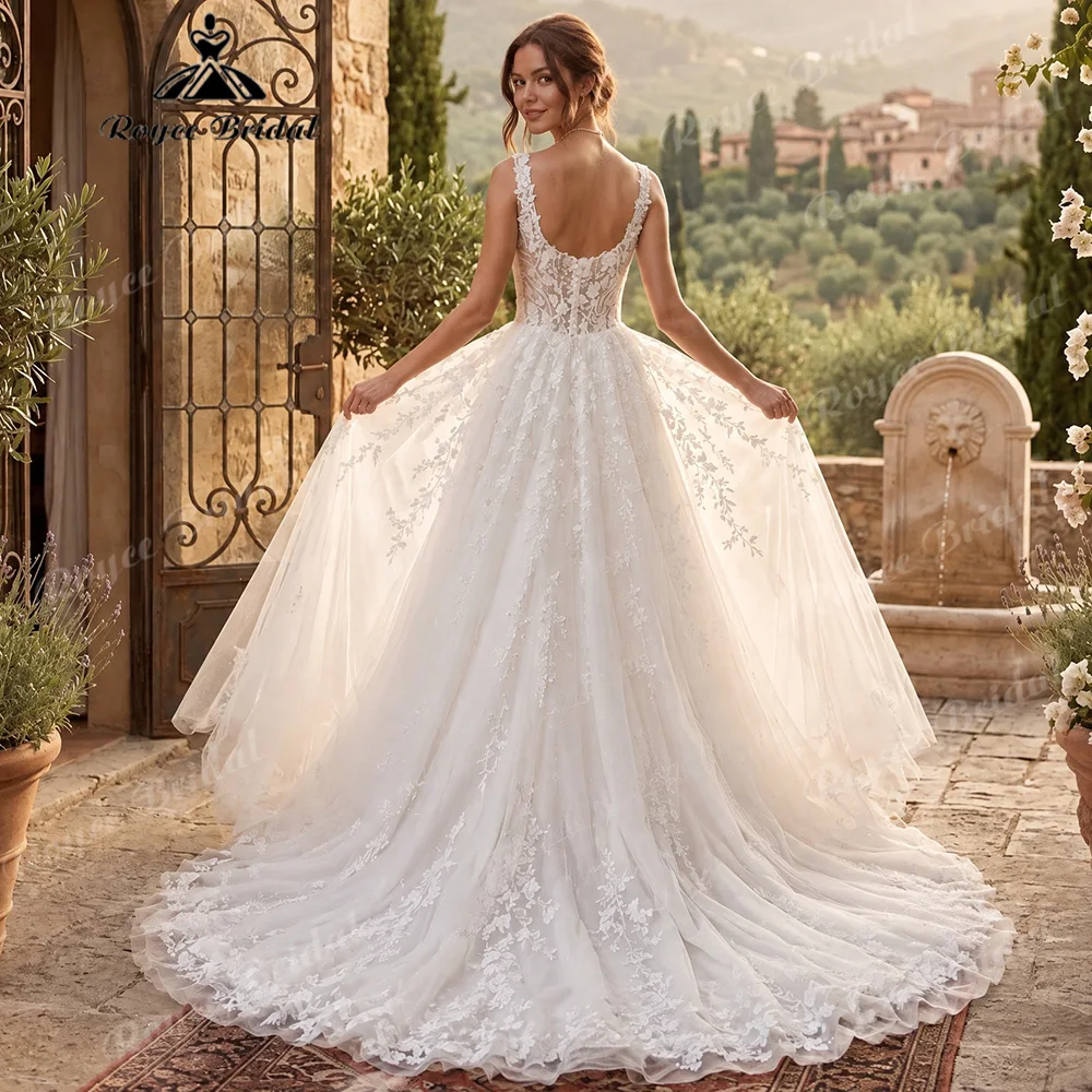 2027 Square Neck A Line Wedding Dress Floral Lace U Back Sparkle Tulle Chapel Train For Garden Vineyard Wedding Customized