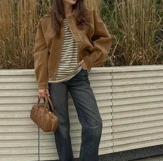 

Women's Jacket Autumn/winter 2025 Chic Vintage British Style Leather Jacket with A High-End Feel New Zipper Loose Suede Jacket