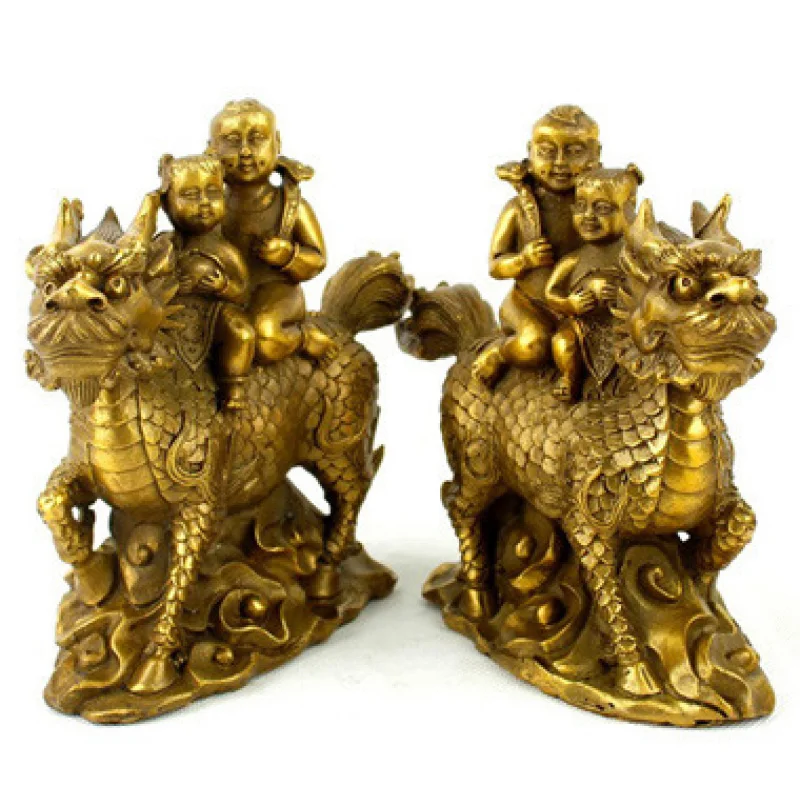 Figurine , Brass Craft, Bronze Kirin with Child