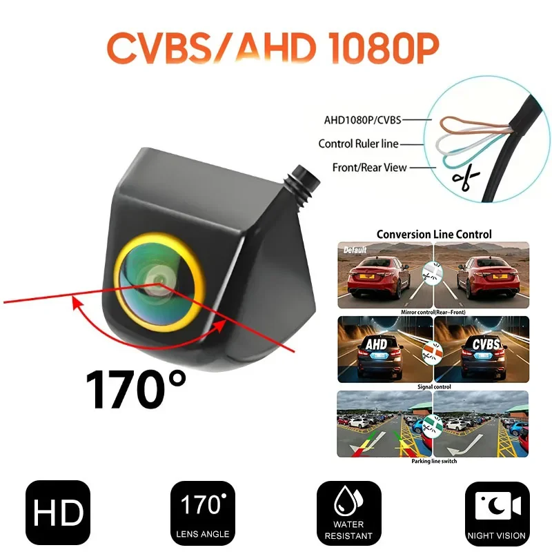 1080P AHD Car Backup Camera, 170° Wide Angle Waterproof Rear View Cam with Night Vision for Truck SUV