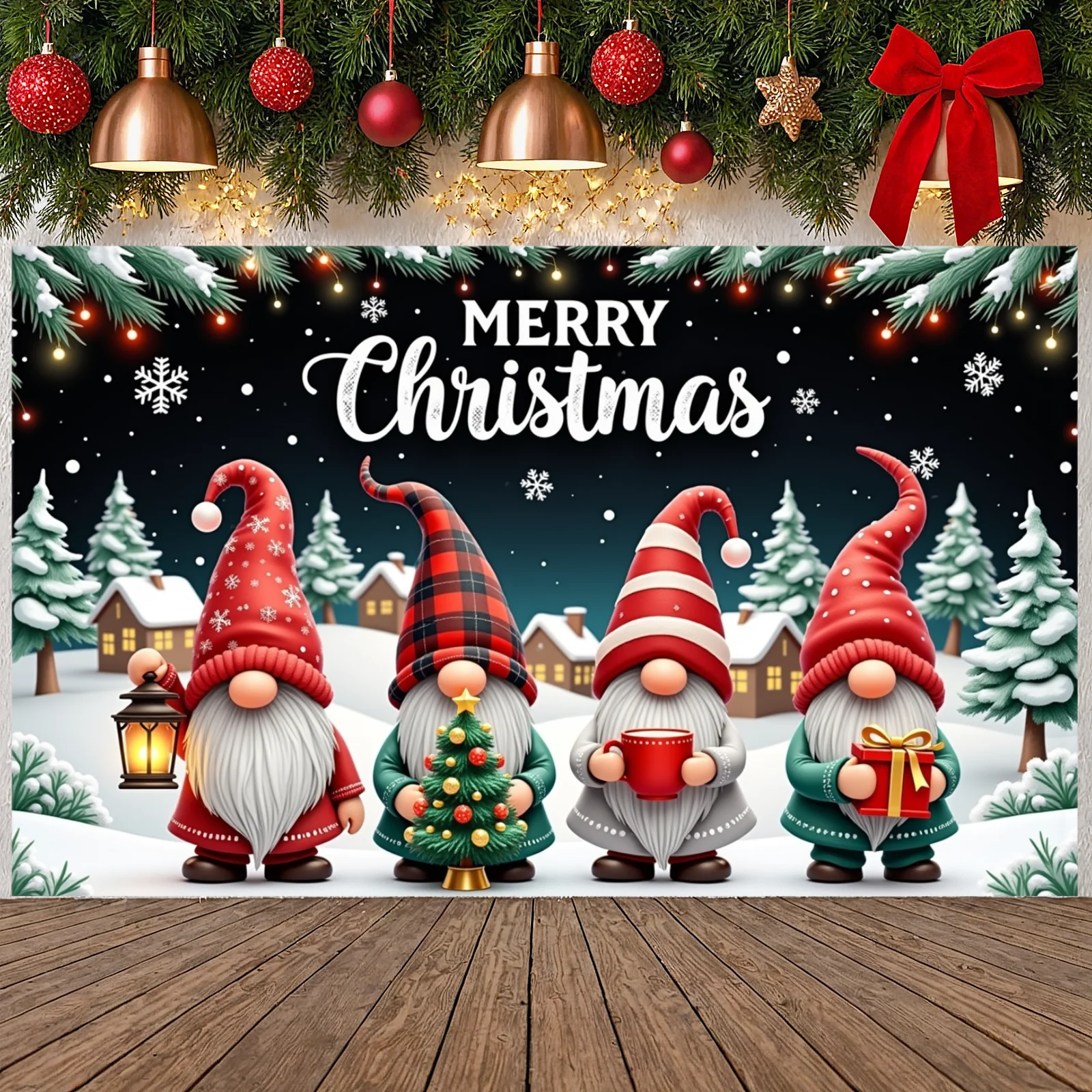 Xmas Celebration Background Red Green Xmas Display Winter Scene Display Christmas Tree Christmas Gnome Backdrop For Christmas