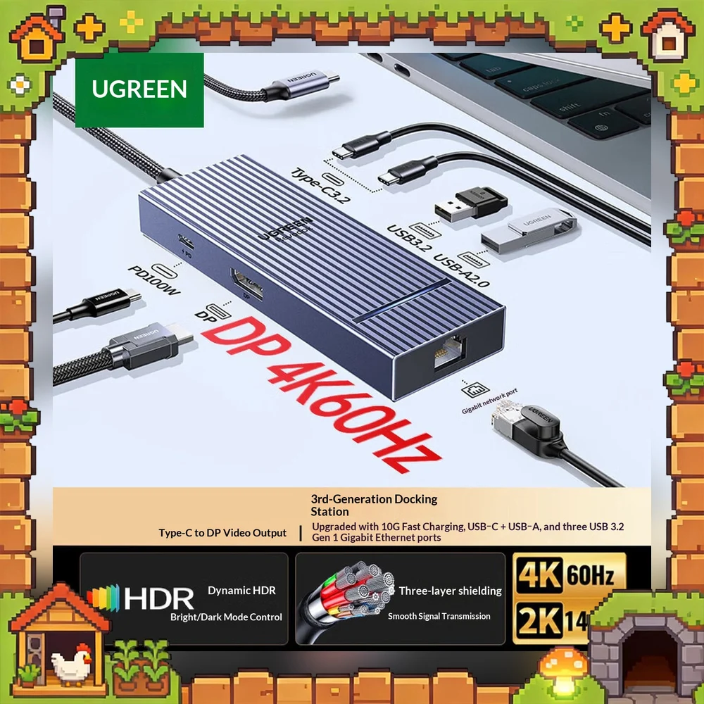 UGREEN 75774 USB C to DisplayPort Hub 4K 60Hz with Gigabit Ethernet USB 3.2 Type C Multiport Adapter