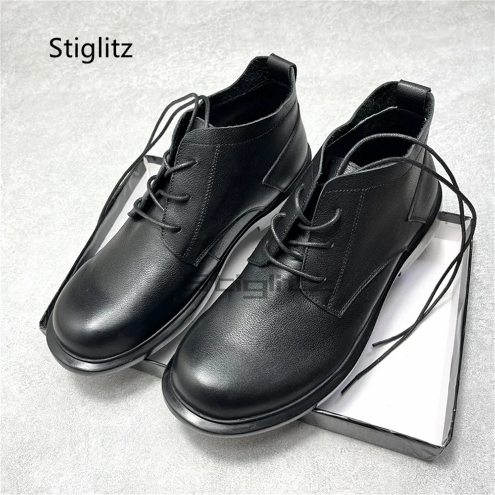 British Style Black Leather Derby Shoes for Men Round Toe Lace Up Thick Soled Casual Work Shoes Soft Leather Mid Top Boots