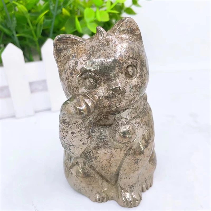 Natural Pyrite Fortune Cat Carving Carved Statue Animal Fashion Home Ornament Art Collectible Gift 1PCS