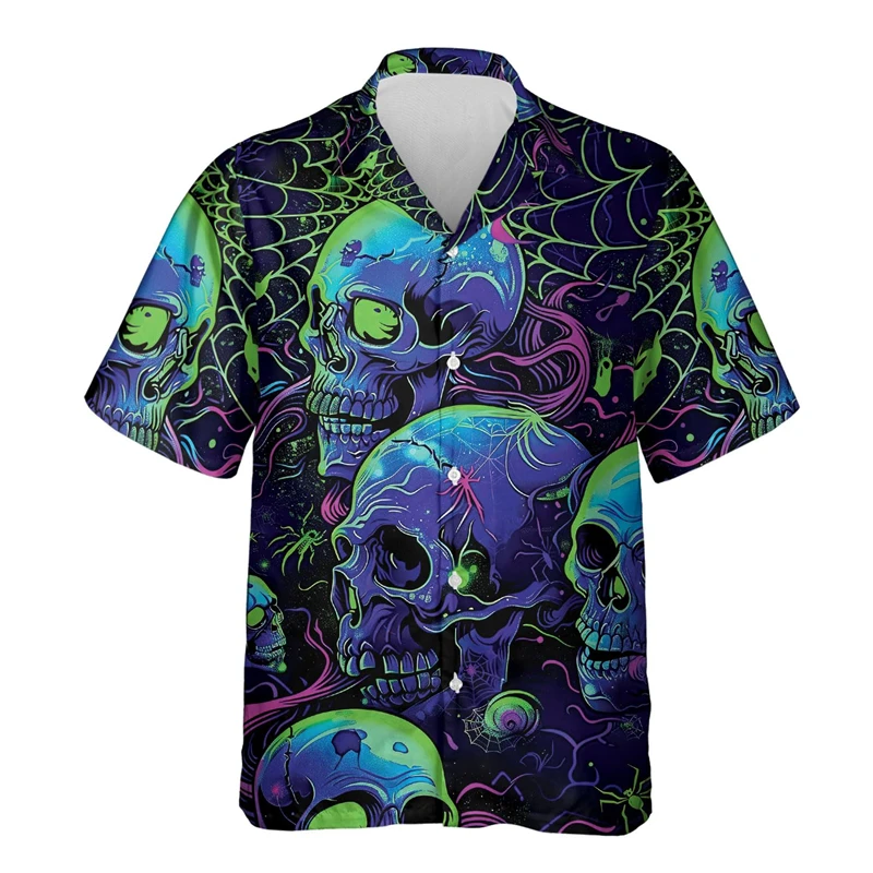 

Abstract Skull Graphic Lapel Blouse Hip Hop Male Shirts For Men Clothes Goth Skeleton Short Sleeve Funny Flower Skulls Lapel Top