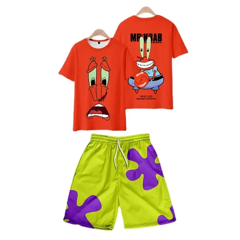 Beach SpongeBob T-shirt set Kids Patrick Star  Children\'s Summer Short Sleeved T-shirt Shorts Set  Pants Casual Breathable Beach