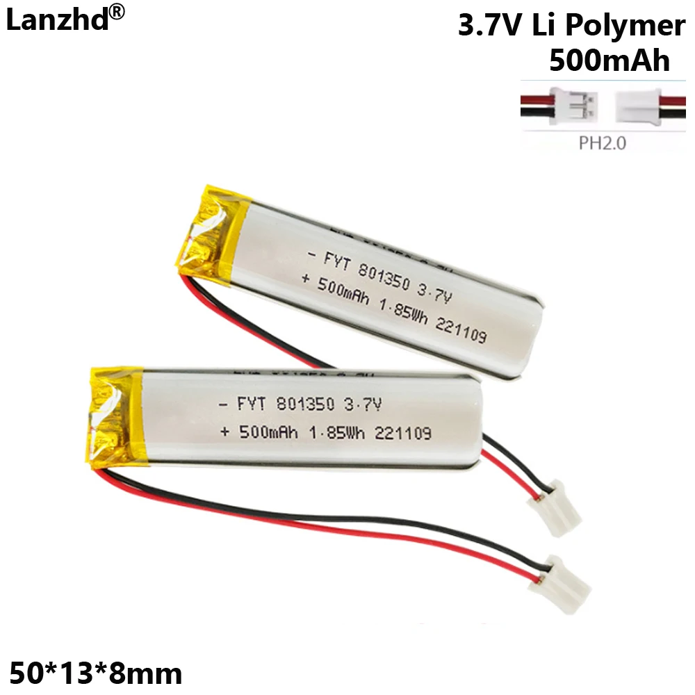 801350 3.7V Li polymer battery 500mAh For electric toothbrush voice recording reading pen temperature measuring gun cells PH 2.0