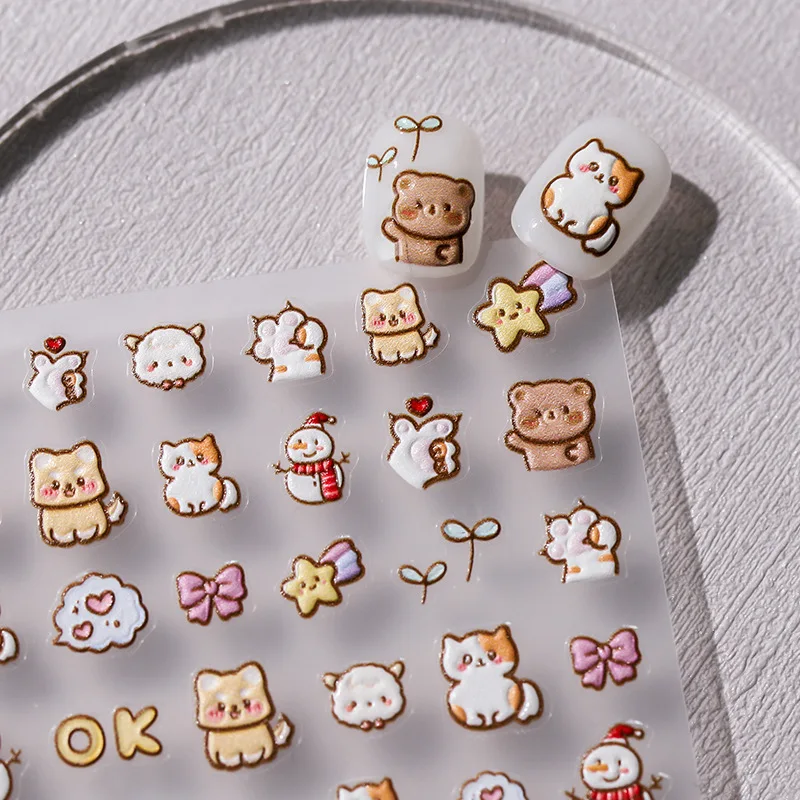 Cute Cartoon Animals Snowman Sheep Dog Bunny Bear 5D Soft Embossed Relief Self Adhesive Nail Art Sticker Woman 3D Manicure Decal