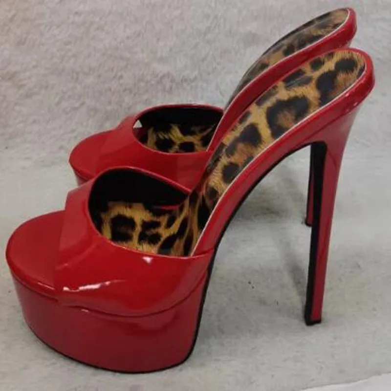 Women Red Black Patent Leather Platform Heels Mules Round Peep Toe Stiletto High Heel Leopard Print Insole Slip On Party Sandals