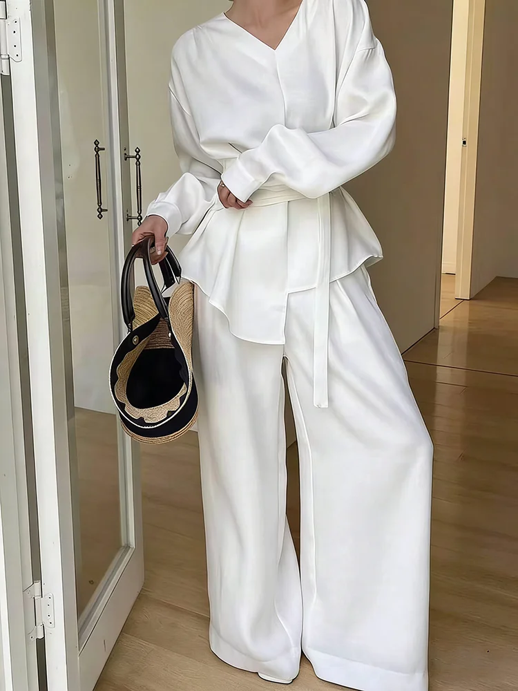 

BJTZ 2026 Spring Summer Women V Neck Asymmetric Design Waist Top High Waist Wide Leg Pants Set Casual Two Piece Outfits