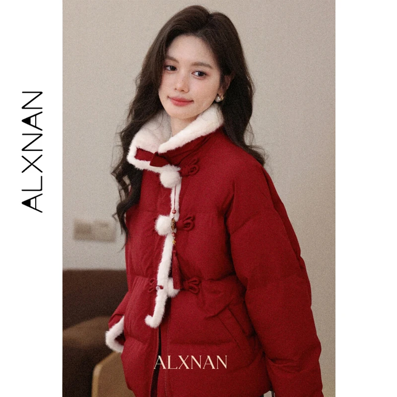 ALXNAN Women's Chinese Style Down Jacket Winter Short Puffer Coat 90% White Duck Down Red Button Lightweight Padded Parka L59355