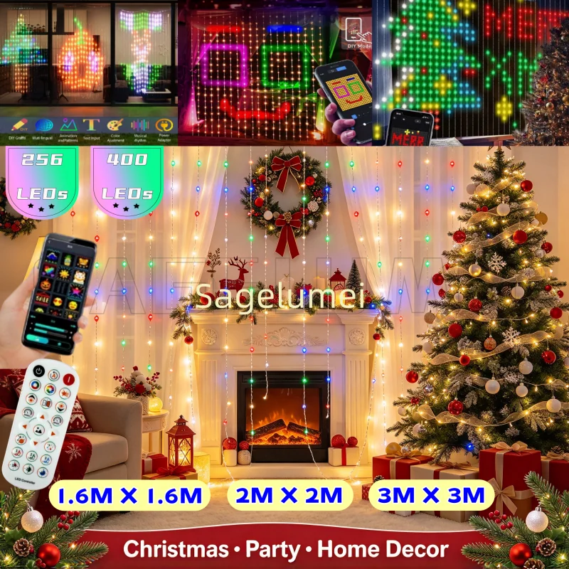 3M Bluetooth Programmable RGBIC Curtain Lights, APP Control Pixel Addressable Water Flow Curtain Light with Smart Text Display