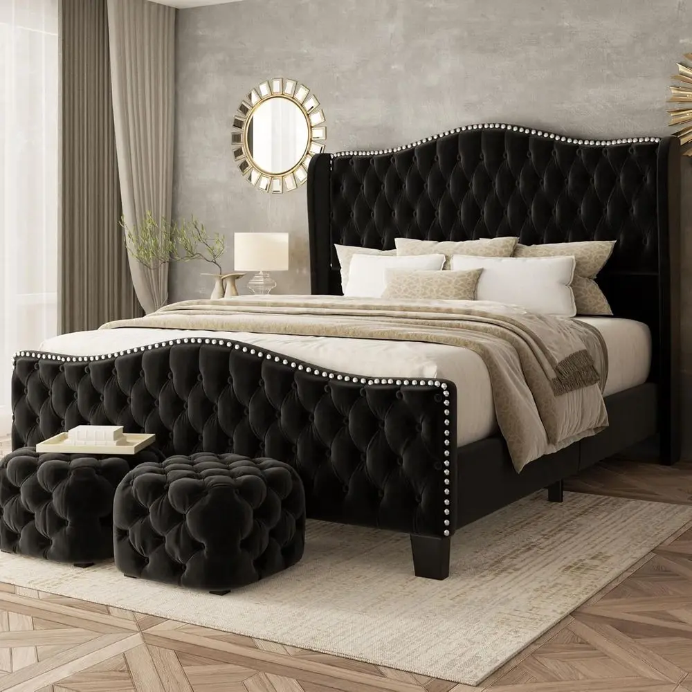 

Luxury King Wingback Bed with 51 Tall Upholstered Headboard, No Box Spring Needed, Easy Assembly, Black