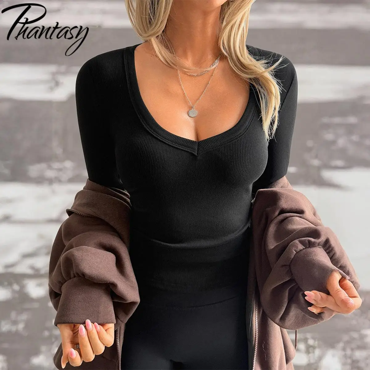 

Phantasy сексуальный обтягивающий топ модная приталенная футболка с длинными рукавами однотонная футболка с v-образным вырезом осень-зима винтажная одежда повседневная футболка