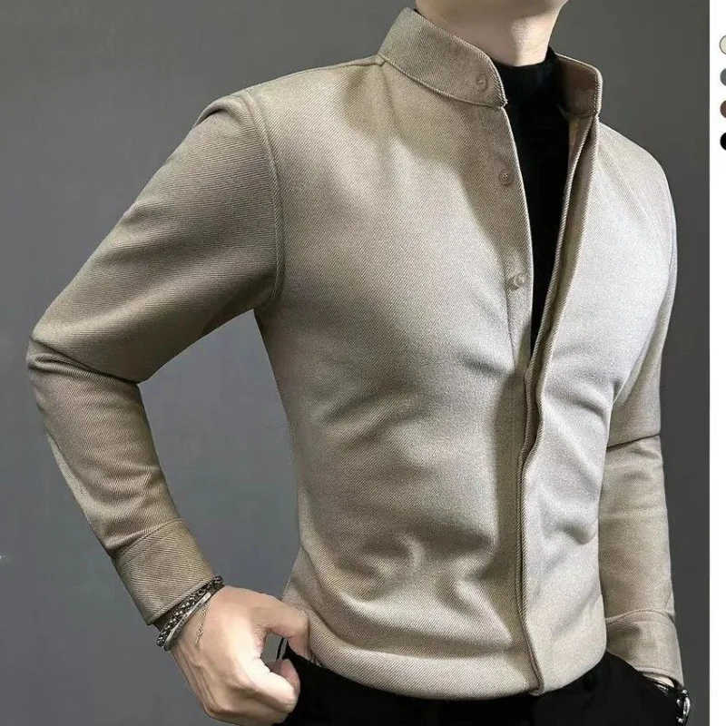 

Spring Autumn Male Stand Collar Thick Warm Bottoming Shirt Long Sleeve Casual Fashion Vintage Buttons Blouse Men Top Homme