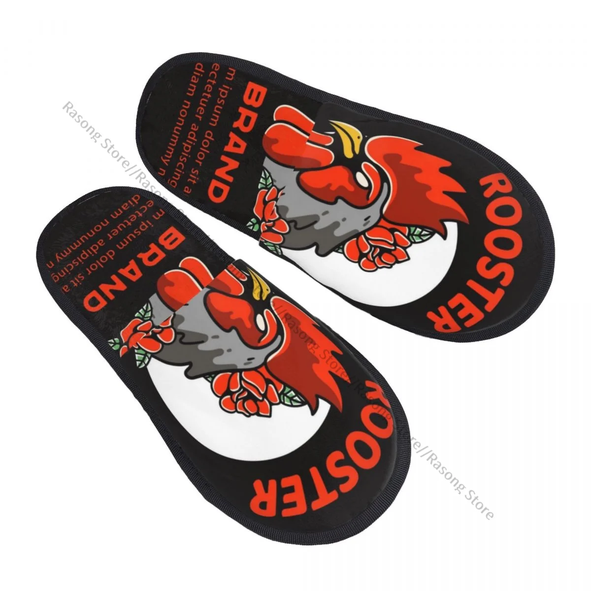 Winter Women Men Non-Slip Flat Slippers Rooster Illustration Indoor Fur Soft Warm Shoes