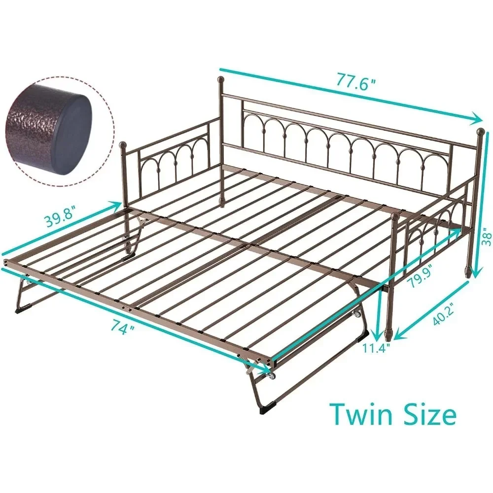 Day Bed with Trundle Bed Twin Pop Up, Metal Daybed Frame, Steel Slat Support Twin Trundle Bed Frame for Kids Teens Adults