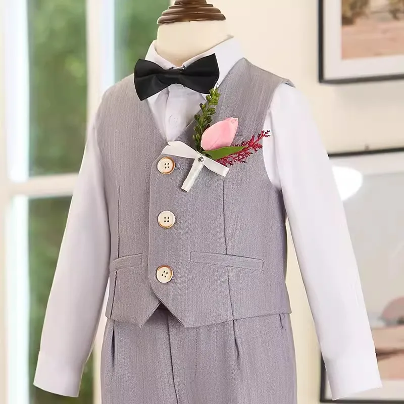 Children Beige Stripe Jacket Vest Pants Bowtie Flower Photography Suit Kid Ceremony Costume Boys Wedding Stage Performance Dress