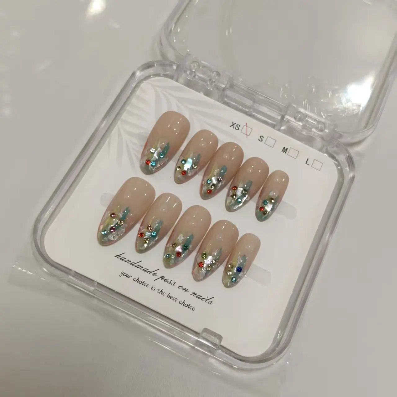 Handmade Almond Wearing Armor in a 10 Piece Box, Nude Pink Time Sea Round Bead Sparkling Diamond Blending Full Set of Fake Nails
