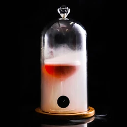 KX4B Plastic Smoking Cloche Hood Molecular Cuisine Dome Cover Lid with Rubber Holes Wooden Base for Cocktail Cake Drinks